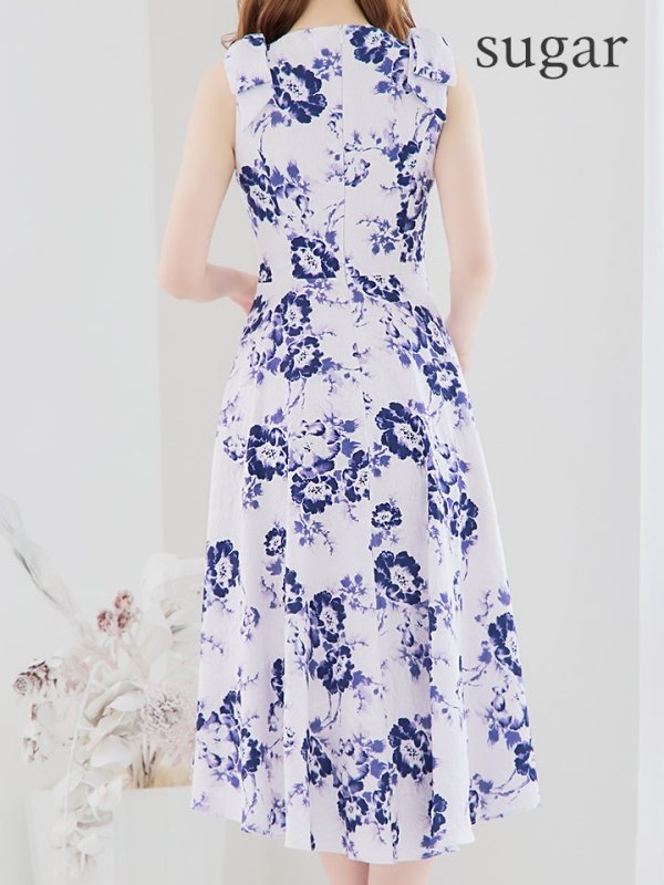画像9: XS-Lサイズあり 【GINZA COUTURE/銀座クチュール】フラワープリント/ ショルダーリボン/ ノースリーブ/ ひざ丈/ フレア/ Aライン/ ワンピース/ ミディアムドレス/ キャバドレス[OF2]