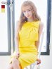【XS-Lサイズあり】【GINZA COUTURE/銀座クチュール】シンプル/ ワンカラー/ ノースリーブ/ ショルダーリボン/ タイト/ 膝丈/ ミディアムドレス/ キャバドレス　イエロー