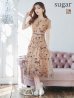 XS-Lサイズあり【GINZA COUTURE/銀座クチュール】フラワー刺繍/ 半袖/ 袖あり/ ボートネック/ ミディアム丈/ 膝丈/ Aライン/ フレア/ ワンピース/ ミディアムドレス/ キャバドレス　ベージュxブルー