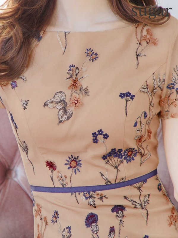 画像10: XS-Lサイズあり 【GINZA COUTURE/銀座クチュール】フラワー刺繍/ 半袖/ 袖あり/ ボートネック/ ミディアム丈/ 膝丈/ Aライン/ フレア/ ワンピース/ ミディアムドレス/ キャバドレス[OF2]