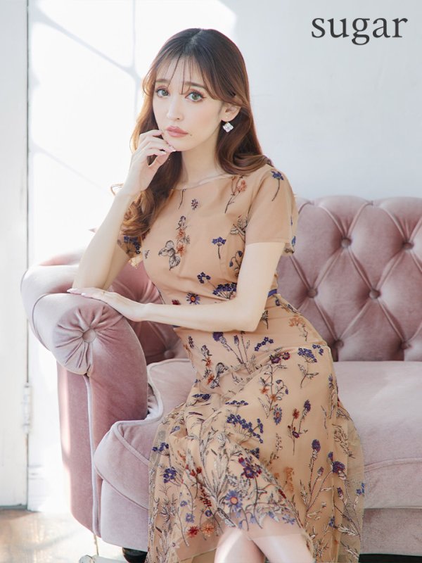画像2: XS-Lサイズあり 【GINZA COUTURE/銀座クチュール】フラワー刺繍/ 半袖/ 袖あり/ ボートネック/ ミディアム丈/ 膝丈/ Aライン/ フレア/ ワンピース/ ミディアムドレス/ キャバドレス[OF2]