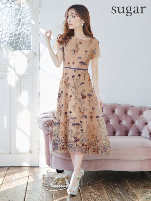 画像5: XS-Lサイズあり 【GINZA COUTURE/銀座クチュール】フラワー刺繍/ 半袖/ 袖あり/ ボートネック/ ミディアム丈/ 膝丈/ Aライン/ フレア/ ワンピース/ ミディアムドレス/ キャバドレス[OF2]