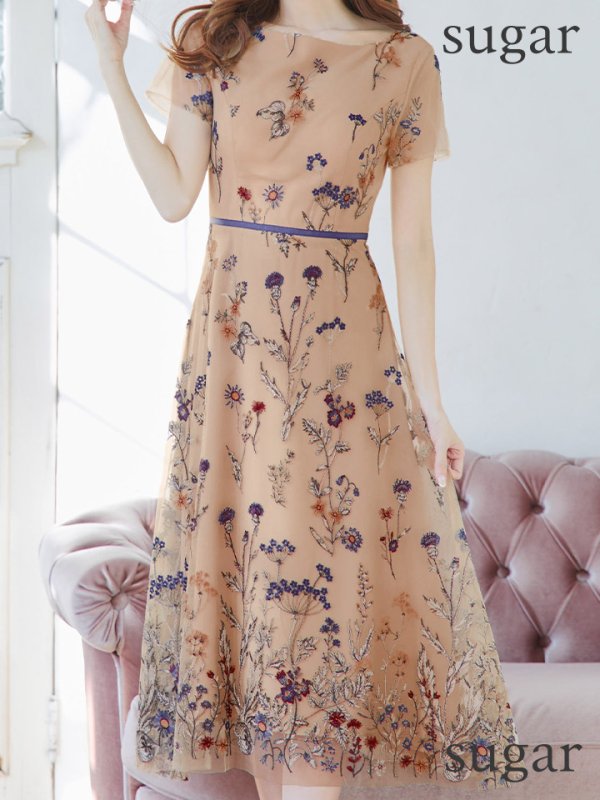 画像8: XS-Lサイズあり 【GINZA COUTURE/銀座クチュール】フラワー刺繍/ 半袖/ 袖あり/ ボートネック/ ミディアム丈/ 膝丈/ Aライン/ フレア/ ワンピース/ ミディアムドレス/ キャバドレス[OF2]