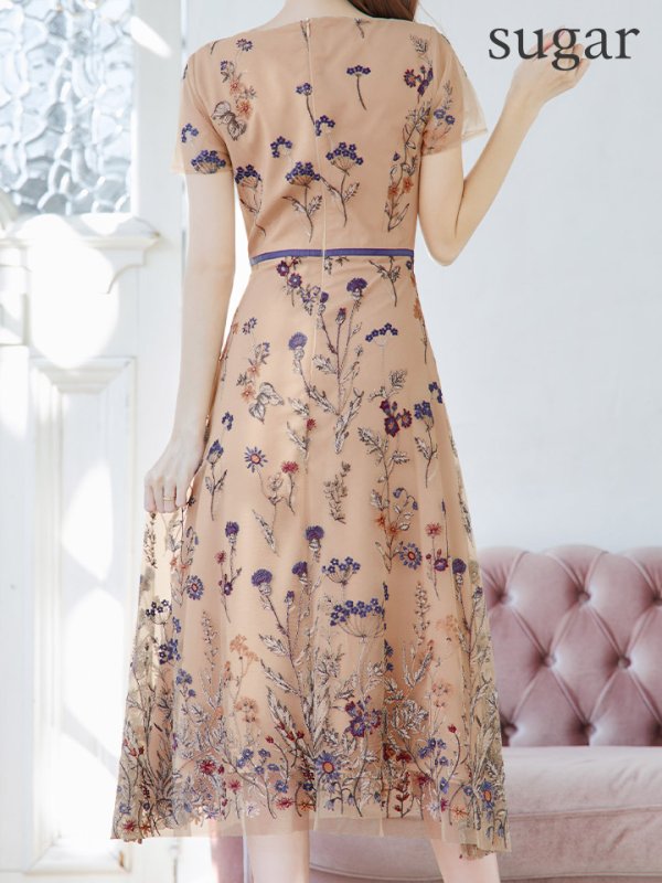 画像9: XS-Lサイズあり 【GINZA COUTURE/銀座クチュール】フラワー刺繍/ 半袖/ 袖あり/ ボートネック/ ミディアム丈/ 膝丈/ Aライン/ フレア/ ワンピース/ ミディアムドレス/ キャバドレス[OF2]