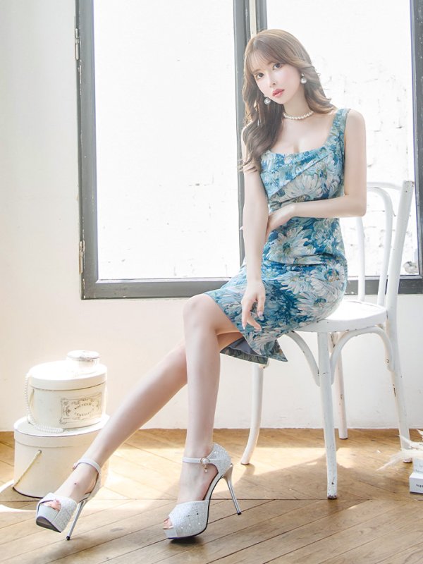 画像15: XS-Lサイズあり 【GINZA COUTURE/銀座クチュール】ヴィンテージフラワープリント/ スクエアネック/ ノースリーブ/ タイト/ 膝丈/ ミディアムドレス/ キャバドレス[OF2]