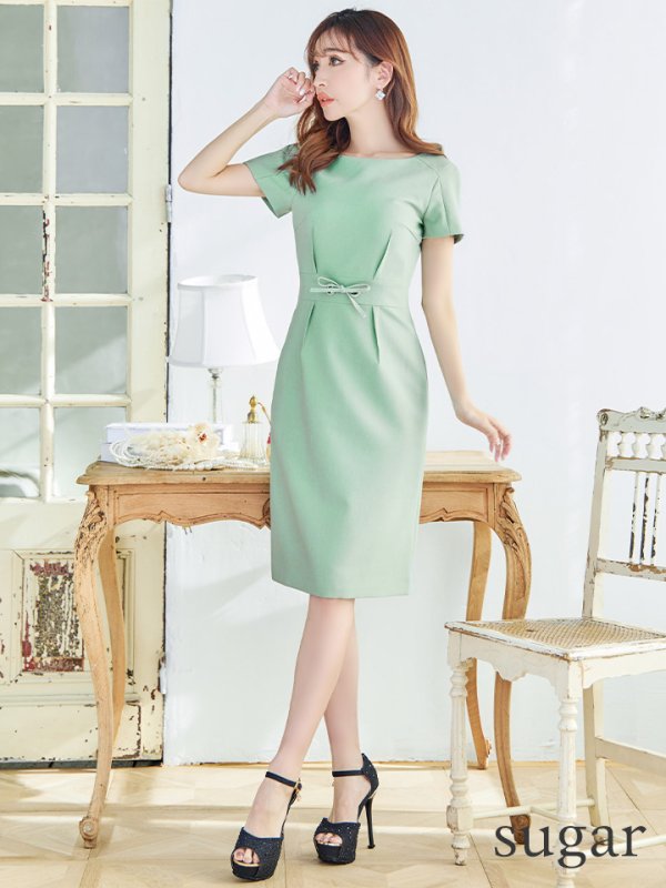 画像19: XS-Lサイズあり 【GINZA COUTURE/銀座クチュール】ワンカラー/ 半袖/ ウエストリボン/ シンプル/ ミディアム丈/ 膝丈/ ワンピース/ ミニドレス/ キャバドレス[OF2]