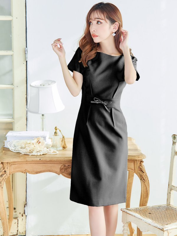 画像3: XS-Lサイズあり 【GINZA COUTURE/銀座クチュール】ワンカラー/ 半袖/ ウエストリボン/ シンプル/ ミディアム丈/ 膝丈/ ワンピース/ ミニドレス/ キャバドレス[OF2]