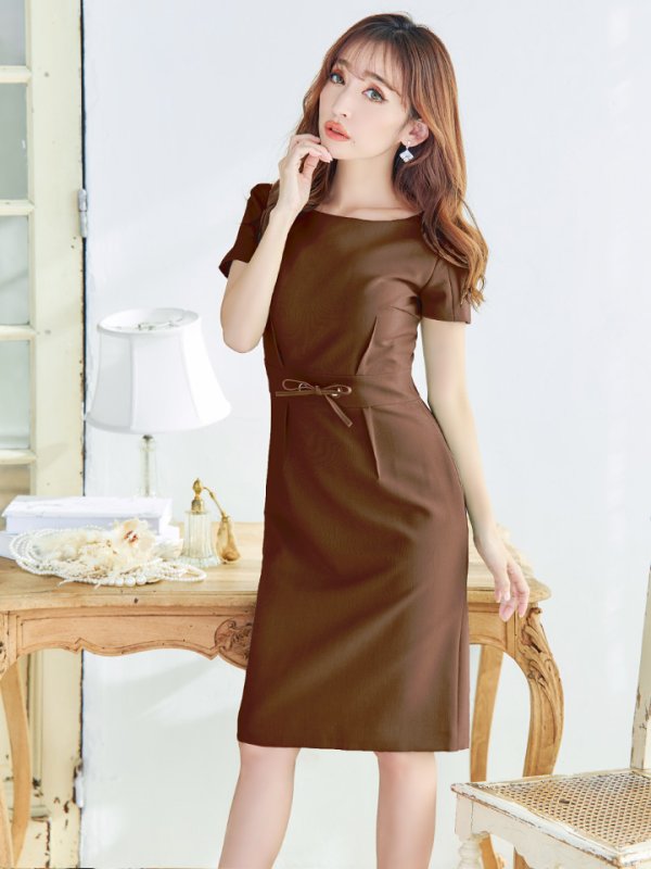 画像2: XS-Lサイズあり 【GINZA COUTURE/銀座クチュール】ワンカラー/ 半袖/ ウエストリボン/ シンプル/ ミディアム丈/ 膝丈/ ワンピース/ ミニドレス/ キャバドレス[OF2]