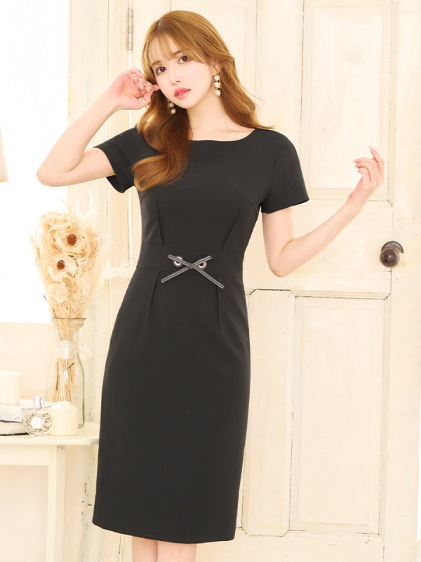 画像6: XS-Lサイズあり 【GINZA COUTURE/銀座クチュール】ワンカラー/ 半袖/ ウエストリボン/ シンプル/ ミディアム丈/ 膝丈/ ワンピース/ ミニドレス/ キャバドレス[OF2]