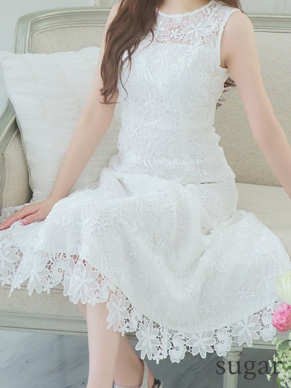 画像12: XS-Lサイズあり 【GINZA COUTURE/銀座クチュール】フラワーレース/ ワンカラー/ ノースリーブ/ ボートネック/ ウエストリボン/ ミディアム丈/ 膝丈/ Aライン/ フレア/ ワンピース/ ミディアムドレス/ キャバドレス[OF2]