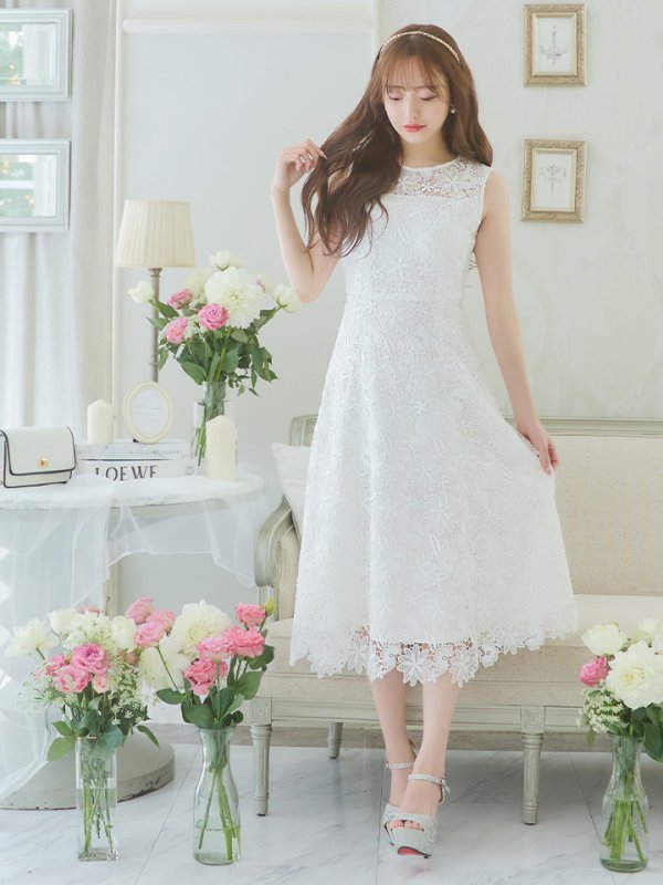 画像6: XS-Lサイズあり 【GINZA COUTURE/銀座クチュール】フラワーレース/ ワンカラー/ ノースリーブ/ ボートネック/ ウエストリボン/ ミディアム丈/ 膝丈/ Aライン/ フレア/ ワンピース/ ミディアムドレス/ キャバドレス[OF2]