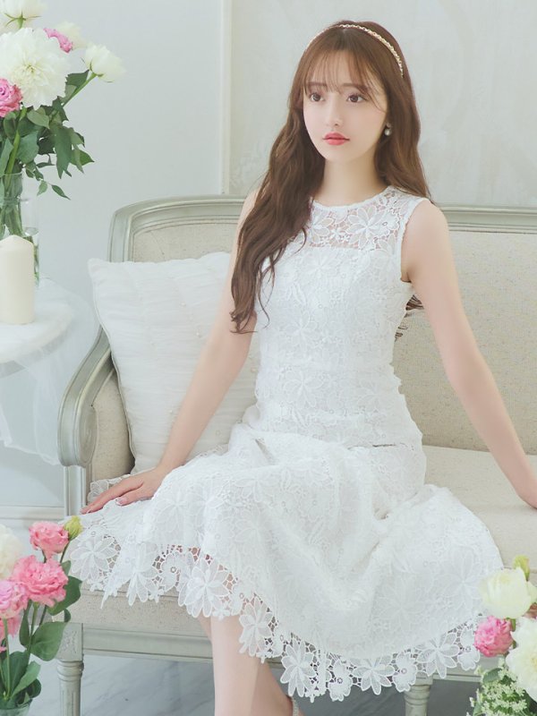 画像7: XS-Lサイズあり 【GINZA COUTURE/銀座クチュール】フラワーレース/ ワンカラー/ ノースリーブ/ ボートネック/ ウエストリボン/ ミディアム丈/ 膝丈/ Aライン/ フレア/ ワンピース/ ミディアムドレス/ キャバドレス[OF2]