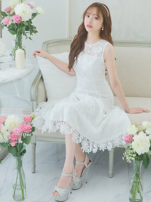 画像8: XS-Lサイズあり 【GINZA COUTURE/銀座クチュール】フラワーレース/ ワンカラー/ ノースリーブ/ ボートネック/ ウエストリボン/ ミディアム丈/ 膝丈/ Aライン/ フレア/ ワンピース/ ミディアムドレス/ キャバドレス[OF2]