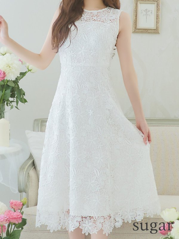 画像10: XS-Lサイズあり 【GINZA COUTURE/銀座クチュール】フラワーレース/ ワンカラー/ ノースリーブ/ ボートネック/ ウエストリボン/ ミディアム丈/ 膝丈/ Aライン/ フレア/ ワンピース/ ミディアムドレス/ キャバドレス[OF2]