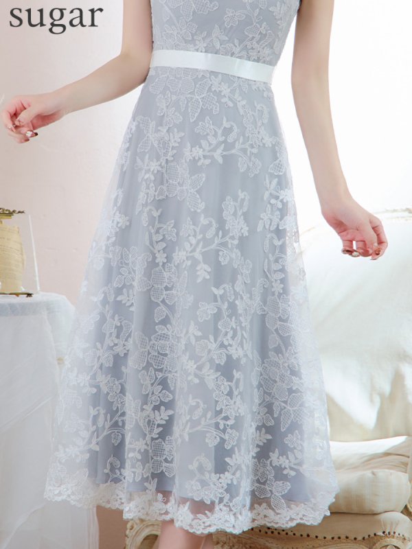 画像11: XS-Lサイズあり 【GINZA COUTURE/銀座クチュール】フラワーレース/ ノースリーブ/ フレア/ Aライン/ ミディアム丈/ ワンピース/ ミディアムドレス/ キャバドレス[OF2]