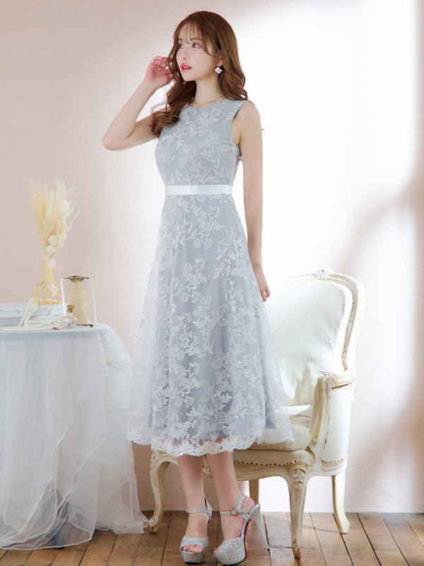 画像1: XS-Lサイズあり 【GINZA COUTURE/銀座クチュール】フラワーレース/ ノースリーブ/ フレア/ Aライン/ ミディアム丈/ ワンピース/ ミディアムドレス/ キャバドレス[OF2]
