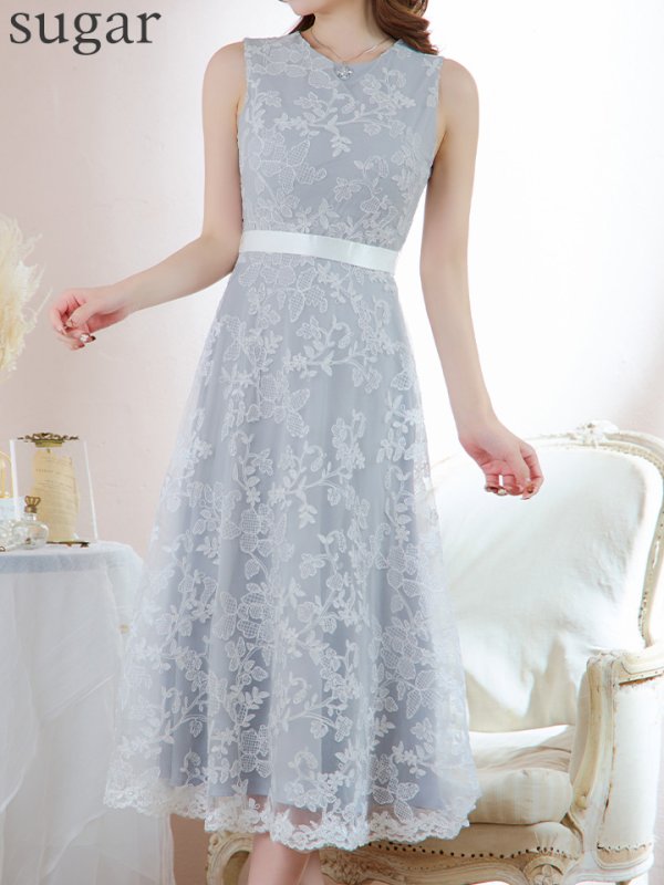 画像8: XS-Lサイズあり 【GINZA COUTURE/銀座クチュール】フラワーレース/ ノースリーブ/ フレア/ Aライン/ ミディアム丈/ ワンピース/ ミディアムドレス/ キャバドレス[OF2]