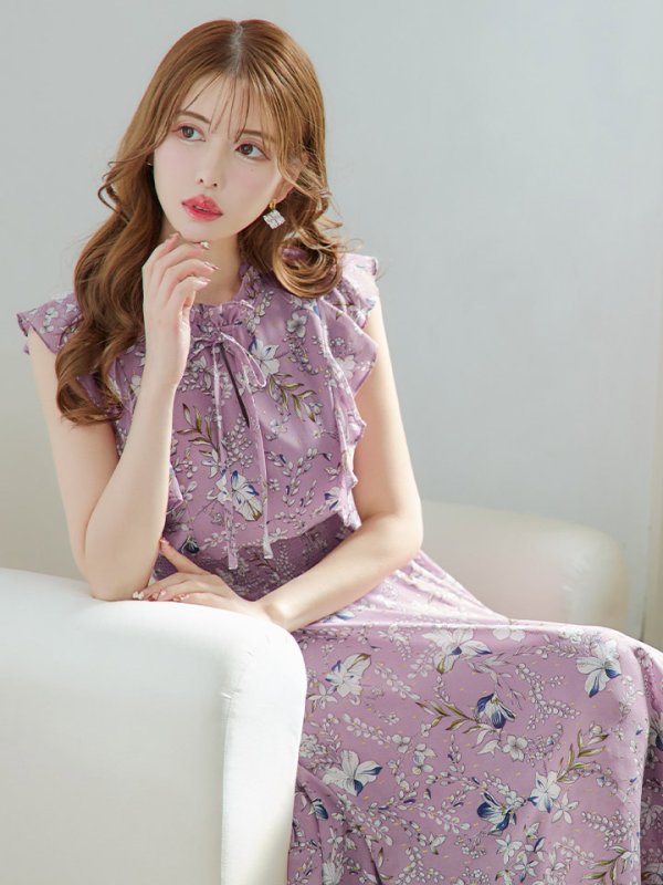 画像5: XS-Lサイズあり 【GINZA COUTURE/銀座クチュール】花柄/ リボン/ ハイネック/ ノースリーブ/ フリル/ フレア/ ミモレ丈/ ワンピース/ ミディアムドレス/ キャバドレス[OF2]