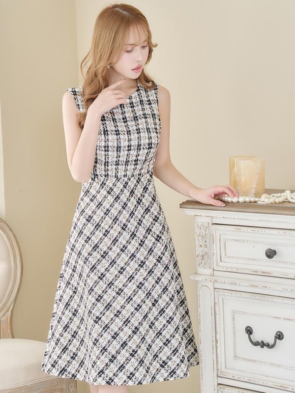 画像6: XS-Lサイズあり 【GINZA COUTURE/銀座クチュール】ツイード/ ノースリーブ/ Aライン/ フレア/ 膝丈/ ミディアムドレス/ キャバドレス[OF2]