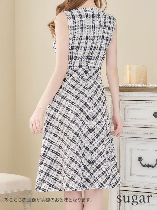 画像10: XS-Lサイズあり 【GINZA COUTURE/銀座クチュール】ツイード/ ノースリーブ/ Aライン/ フレア/ 膝丈/ ミディアムドレス/ キャバドレス[OF2]