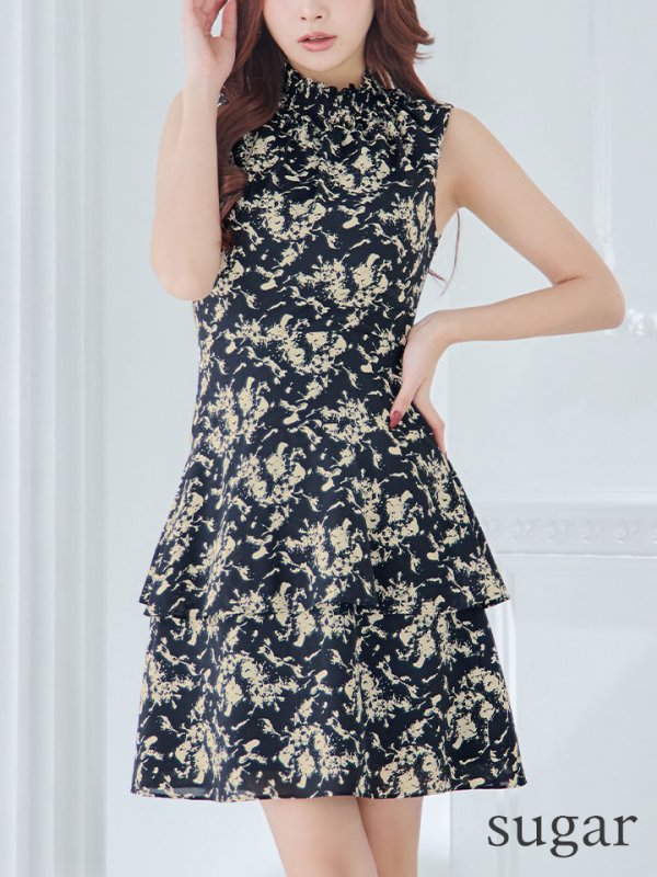 画像8: XS-Lサイズあり 【GINZA COUTURE/銀座クチュール】プリント/ ハイネック/ ノースリーブ/ フリル/ Aライン/ ワンピース/ ミニドレス/ キャバドレス[OF2]