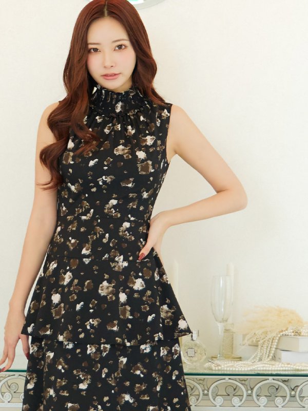 画像2: XS-Lサイズあり 【GINZA COUTURE/銀座クチュール】プリント/ ハイネック/ ノースリーブ/ フリル/ Aライン/ ワンピース/ ミニドレス/ キャバドレス[OF2]