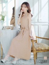 XS-Lサイズあり 【GINZA COUTURE/銀座クチュール】シンプル/ ワンカラー/ ノースリーブ/ ボタン/ ウエストリボン/ ミディアム丈/ 膝丈/ Aライン/ フレア/ ワンピース/ ミディアムドレス/ キャバドレス[OF2]
