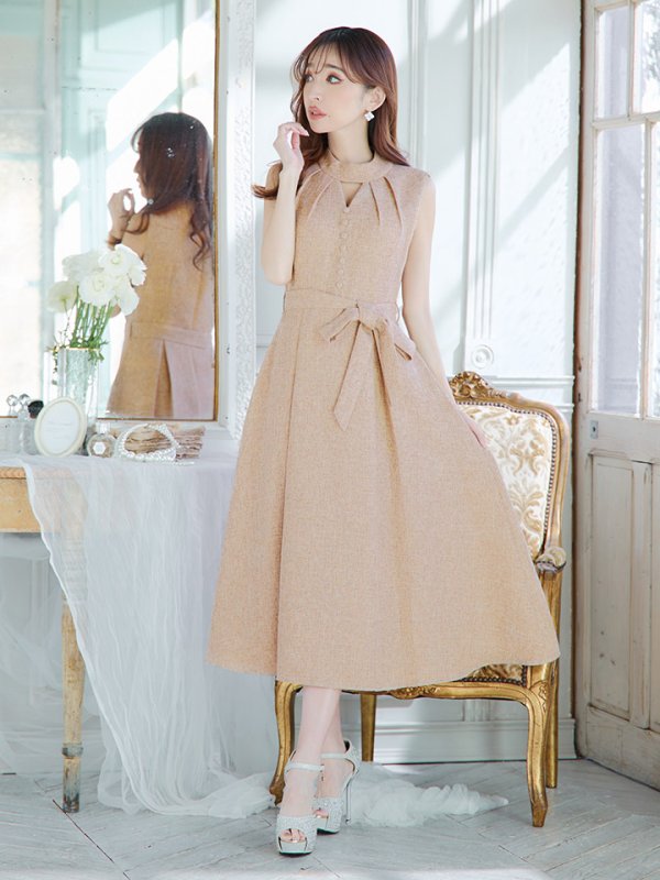 画像2: XS-Lサイズあり 【GINZA COUTURE/銀座クチュール】シンプル/ ワンカラー/ ノースリーブ/ ボタン/ ウエストリボン/ ミディアム丈/ 膝丈/ Aライン/ フレア/ ワンピース/ ミディアムドレス/ キャバドレス[OF2]