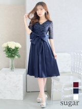 XS-Lサイズあり 【GINZA COUTURE/銀座クチュール】ワンカラー/ レース/ ウエストリボン/ 半袖/ 袖あり/ Aライン/ ミディアム丈/ ワンピース/ キャバドレス[OF2]