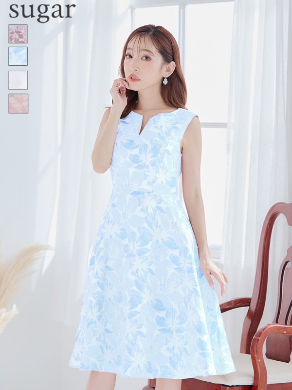 XS-Lサイズあり【GINZA COUTURE/銀座クチュール】フラワープリント/ ノースリーブ/ ハイウエスト/ Aライン/ ミディアム丈/ 膝丈/ フレア/ ワンピース / キャバドレス　ブルー