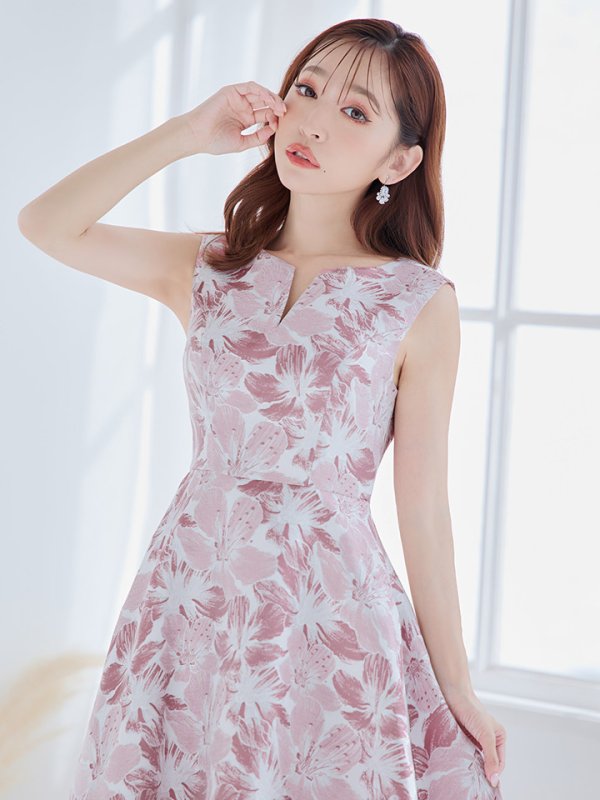 画像2: XS-Lサイズあり 【GINZA COUTURE/銀座クチュール】フラワープリント/ ノースリーブ/ ハイウエスト/ Aライン/ ミディアム丈/ 膝丈/ フレア/ ワンピース / キャバドレス[OF2]