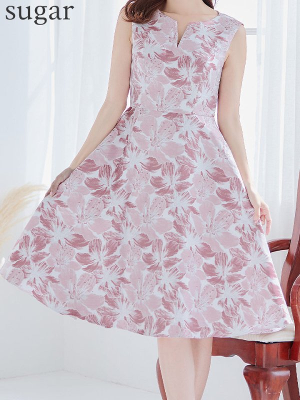 画像11: XS-Lサイズあり 【GINZA COUTURE/銀座クチュール】フラワープリント/ ノースリーブ/ ハイウエスト/ Aライン/ ミディアム丈/ 膝丈/ フレア/ ワンピース / キャバドレス[OF2]