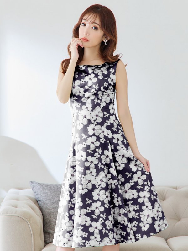 画像12: 【XSサイズあり】 【GINZA COUTURE/銀座クチュール】ワンピース/ フラワープリント/ ノースリーブ/ Aライン/ フレア/ ミモレ丈/ ミディアムドレス/ キャバドレス[OF2]