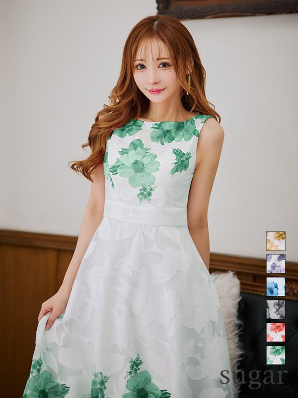 XS-Lサイズあり 【GINZA COUTURE/銀座クチュール】フラワープリント/ ノースリーブ/ フレア/ Aライン/ ロングドレス/ キャバドレスlong[OF2]　ホワイトxグリーン