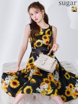 XS-Lサイズあり 【GINZA COUTURE/銀座クチュール】プリント/ ひまわり/ 花柄/ ノースリーブ/ フレア/ Aライン/ ワンピース/ ミディアムドレス/ キャバドレス[OF2]