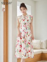 XS-Lサイズあり 【GINZA COUTURE/銀座クチュール】フラワープリント/ ネックリボン/ ノースリーブ/ ミモレ丈/ フレア/ Aライン/ ワンピース/ ミディアムドレス/ キャバドレス[OF2]