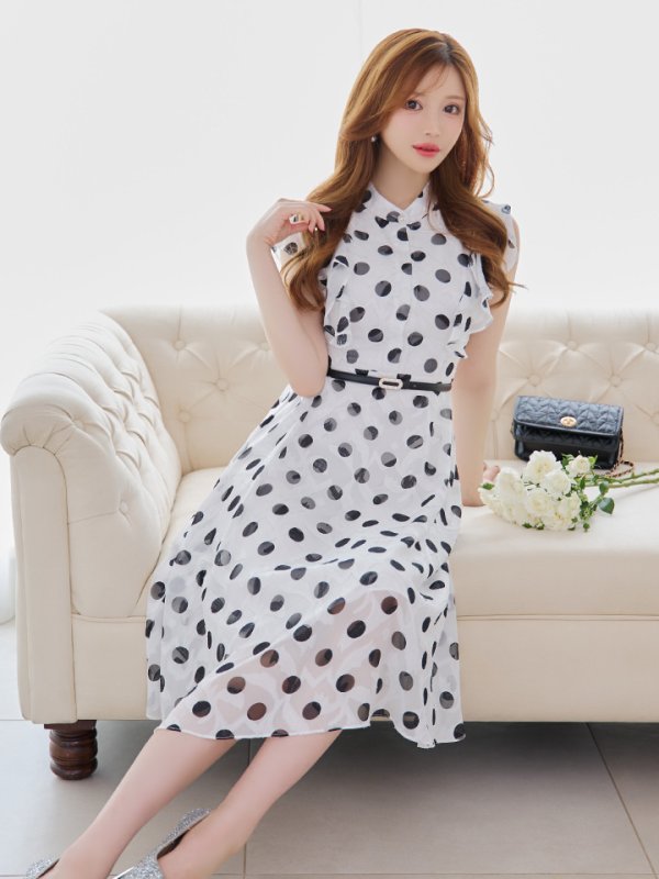 画像3: XS-Lサイズあり 【GINZA COUTURE/銀座クチュール】ドットプリント/ フリルショルダー/ 膝丈/ Aライン/ ベルト付き/ ワンピース/ ミディアムドレス/ キャバドレス[OF2]