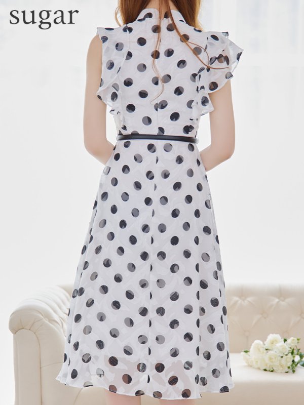 画像9: XS-Lサイズあり 【GINZA COUTURE/銀座クチュール】ドットプリント/ フリルショルダー/ 膝丈/ Aライン/ ベルト付き/ ワンピース/ ミディアムドレス/ キャバドレス[OF2]