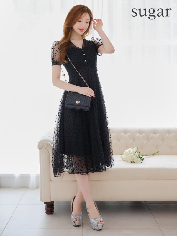 画像7: XS-Lサイズあり 【GINZA COUTURE/銀座クチュール】ハートドット/ チュール/ パフスリーブ/ 袖あり/ Aライン/ 膝丈/ ワンピース/ ミディアムドレス/ キャバドレス[OF2]