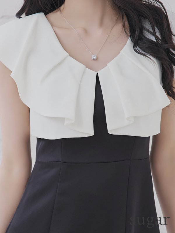 画像10: XS-Lサイズあり 【GINZA COUTURE/銀座クチュール】バイカラー/ フリル/ ノースリーブ/ タイト/ 膝丈/ ミディアムドレス/ キャバドレス[OF2]