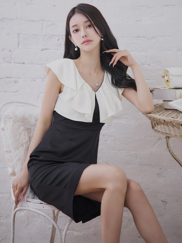 画像4: XS-Lサイズあり 【GINZA COUTURE/銀座クチュール】バイカラー/ フリル/ ノースリーブ/ タイト/ 膝丈/ ミディアムドレス/ キャバドレス[OF2]