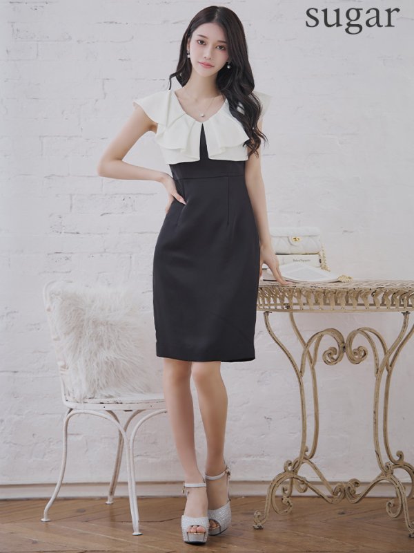 画像7: XS-Lサイズあり 【GINZA COUTURE/銀座クチュール】バイカラー/ フリル/ ノースリーブ/ タイト/ 膝丈/ ミディアムドレス/ キャバドレス[OF2]