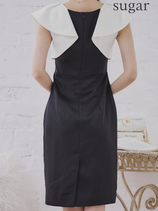 画像9: XS-Lサイズあり 【GINZA COUTURE/銀座クチュール】バイカラー/ フリル/ ノースリーブ/ タイト/ 膝丈/ ミディアムドレス/ キャバドレス[OF2]