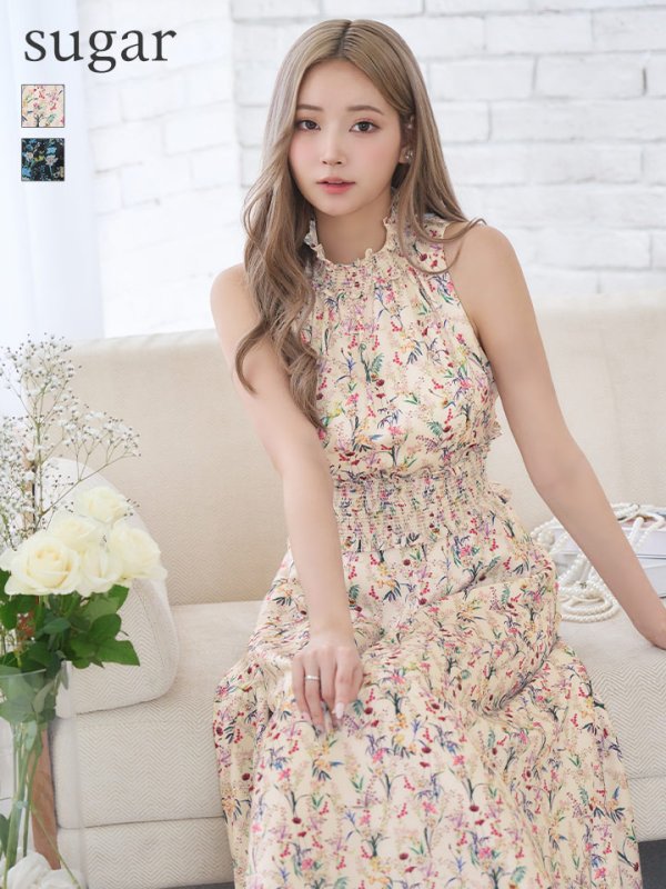 【GINZA COUTURE/銀座クチュール】フラワープリント/ ハイネック/ ノースリーブ/ Aライン/ ロングドレス / キャバドレス long　ホワイト