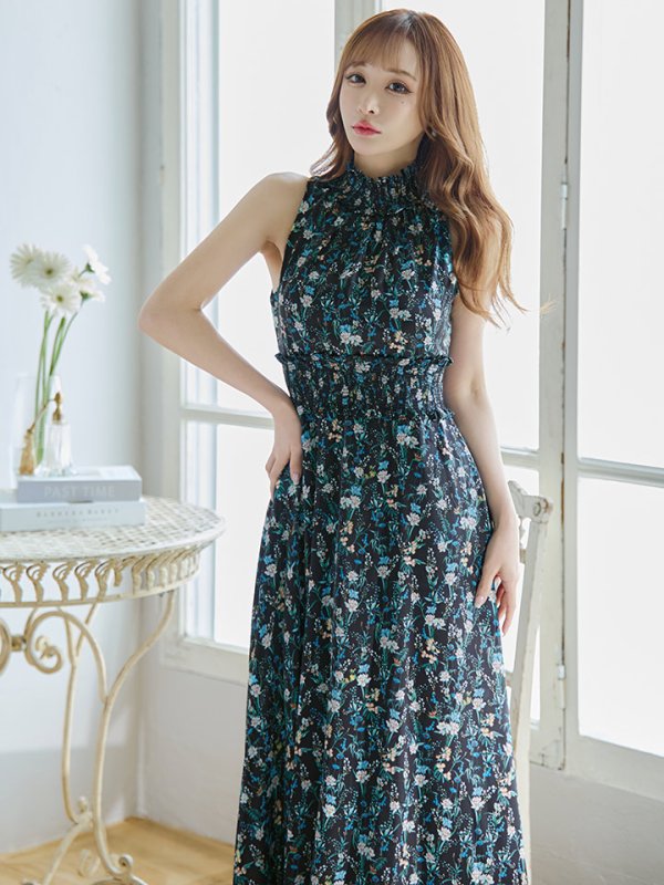 画像4: 【GINZA COUTURE/銀座クチュール】フラワープリント/ ハイネック/ ノースリーブ/ Aライン/ ロングドレス / キャバドレス long[OF2]