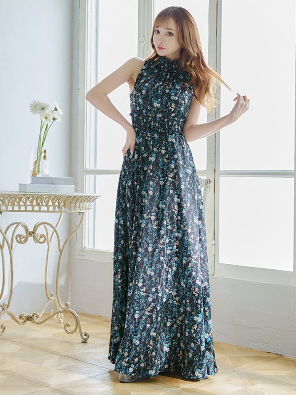 画像3: 【GINZA COUTURE/銀座クチュール】フラワープリント/ ハイネック/ ノースリーブ/ Aライン/ ロングドレス / キャバドレス long[OF2]