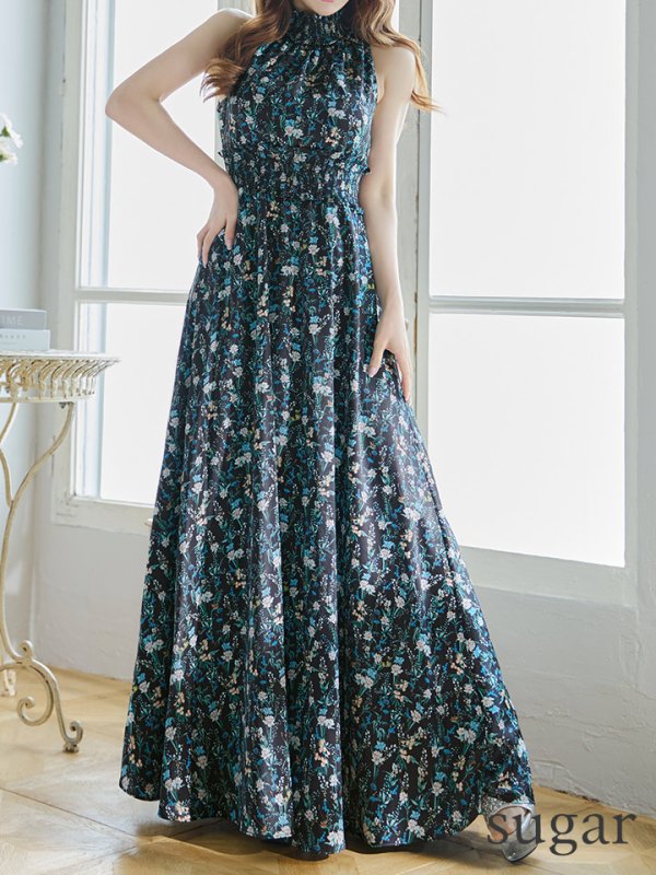 画像8: 【GINZA COUTURE/銀座クチュール】フラワープリント/ ハイネック/ ノースリーブ/ Aライン/ ロングドレス / キャバドレス long[OF2]