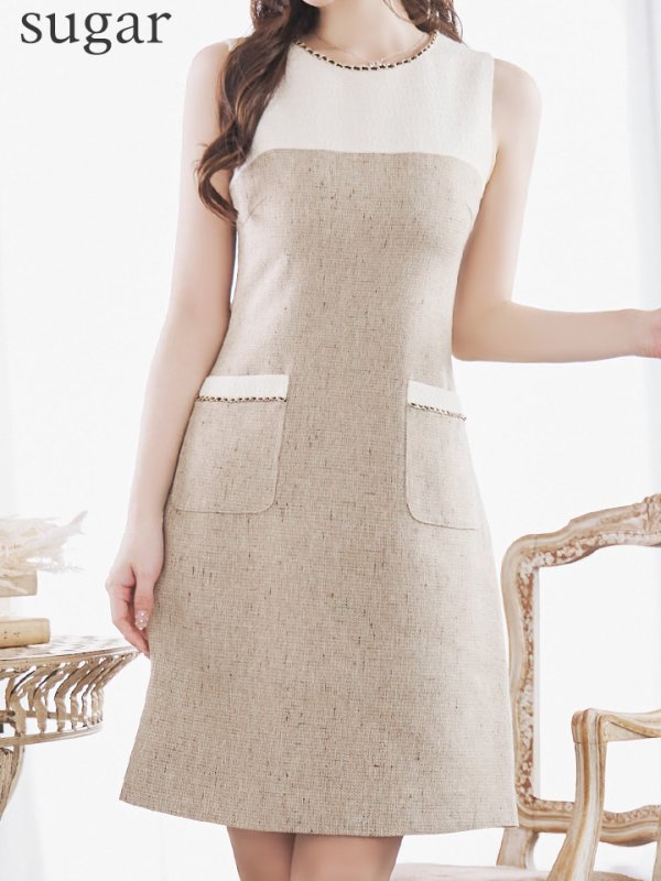 画像8: XS-Lサイズあり 【GINZA COUTURE/銀座クチュール】バイカラー/ 切替/ ツイード/ ノースリーブ/ Aライン/ 膝丈/ ミディアムドレス/ キャバドレス[OF2]