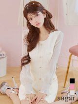 XS-Lサイズあり【GINZA COUTURE/銀座クチュール】ビジューボタン/ シアースリーブ/ 長袖/ ポケットデザイン/ 膝丈/ Aライン/ ミディアムドレス/ キャバドレス[OF2]