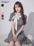 XS-Lサイズあり 【GINZA COUTURE/銀座クチュール】バイカラー/ リボン/ 半袖/ 袖あり/ プリーツ/ フレア/ Aライン/ ワンピース/ ミニドレス/ キャバドレス[OF2]